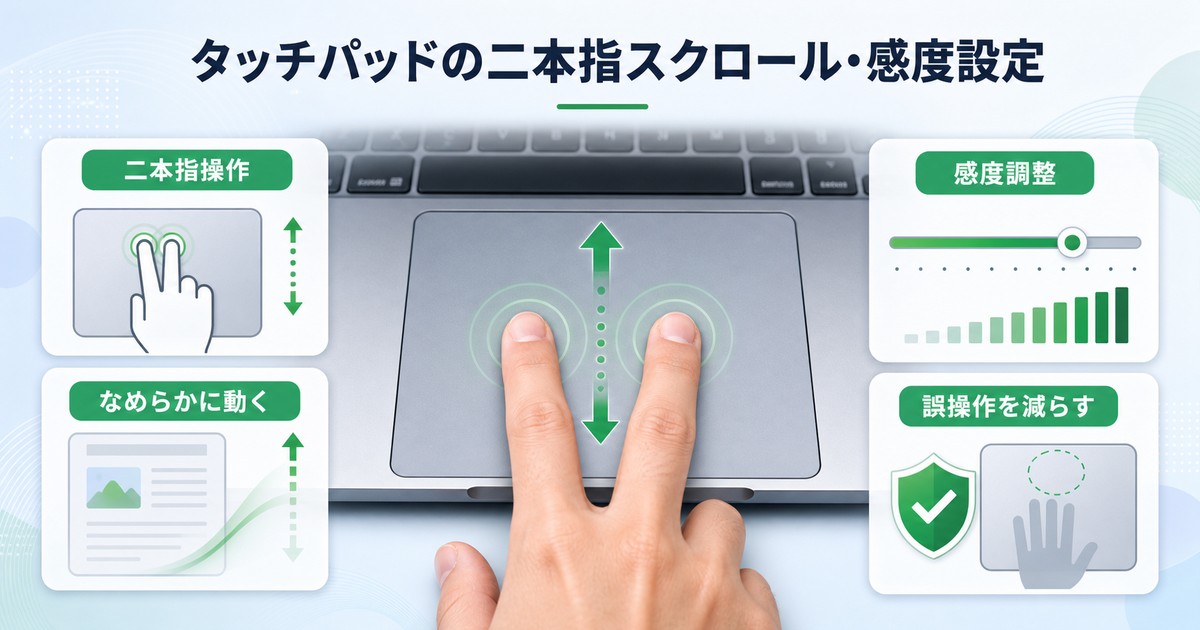 タッチパッドの二本指スクロールと感度設定の図解