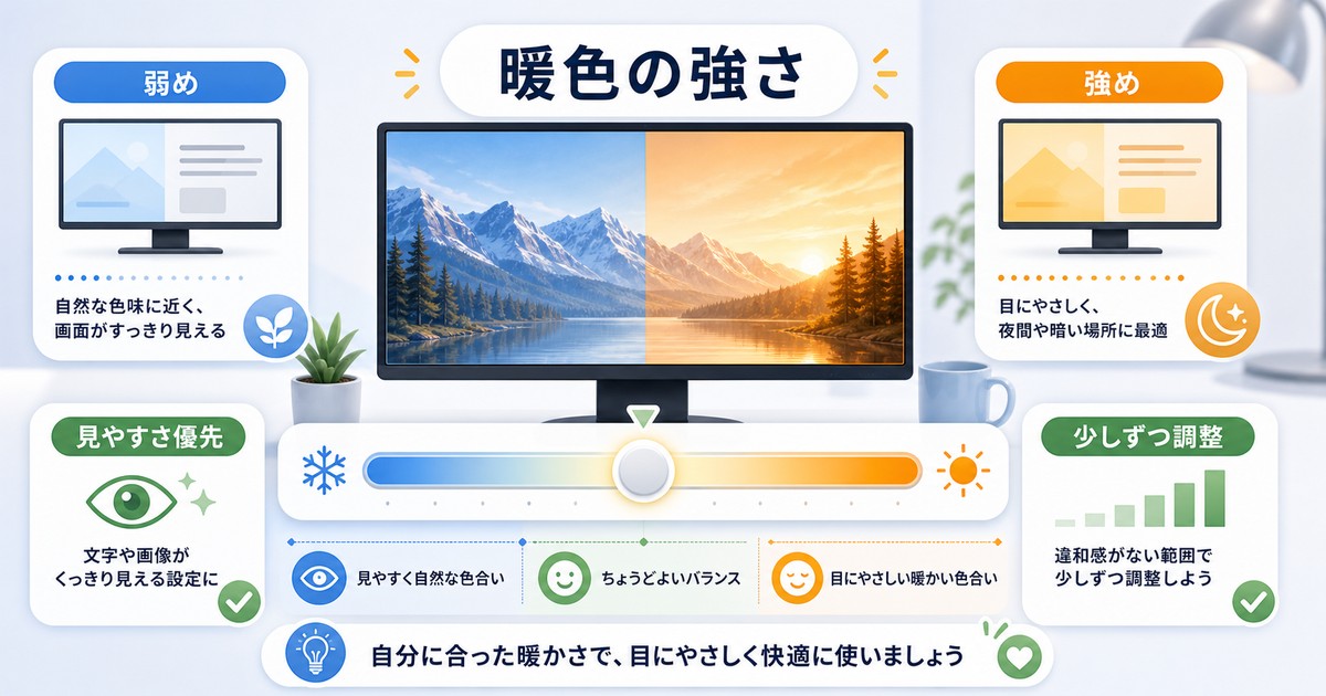 ナイトライトの暖色の強さを調整する図解