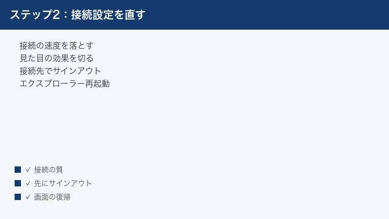 接続設定の見直しと接続先のサインアウトで黒い画面を解消する手順の図解