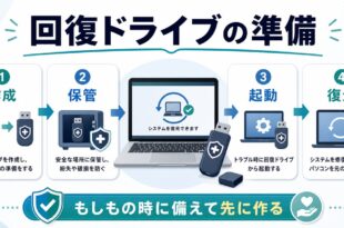 Windowsの回復ドライブ作成と復元手順を整理したアイキャッチ図解