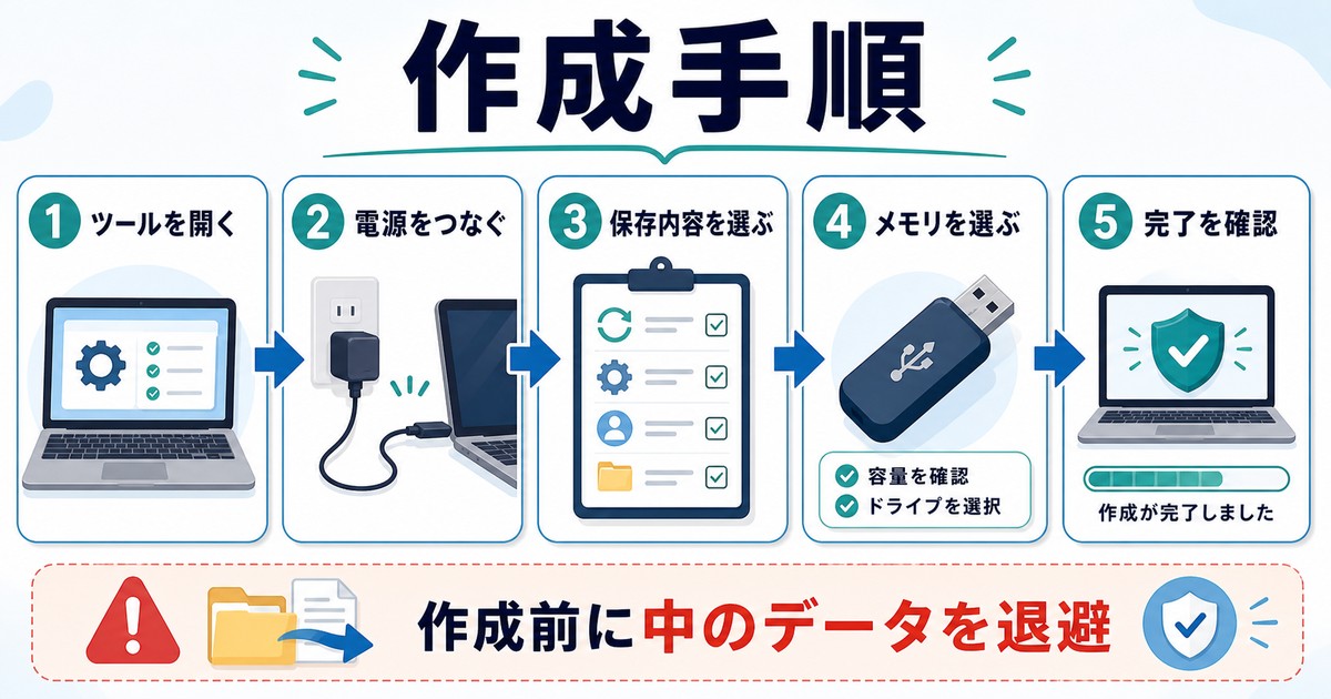 回復ドライブ作成ツールを開き電源保存内容メモリ選択完了確認まで進める手順図解