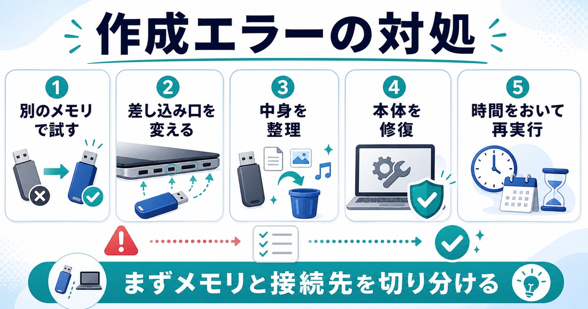 回復ドライブ作成エラー時に別メモリ差し込み口中身整理本体修復再実行を確認する図解