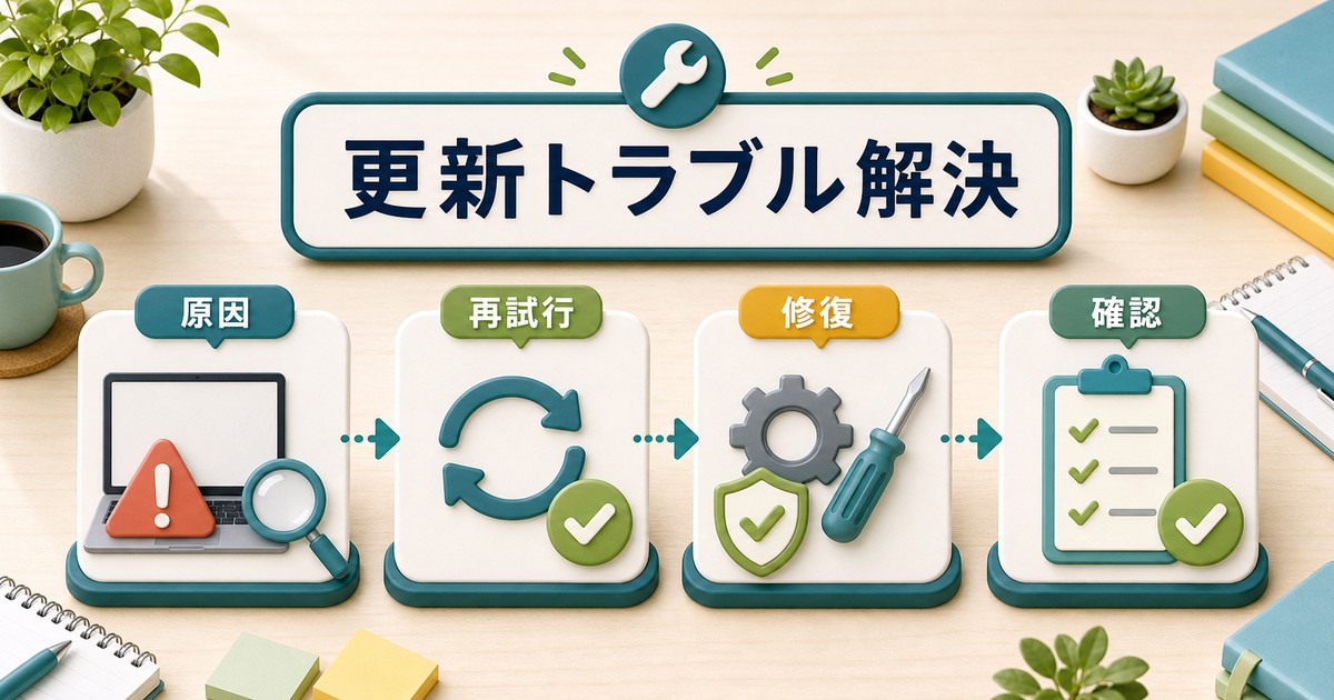 Windows Updateのトラブルを原因再試行修復確認で解決する図解
