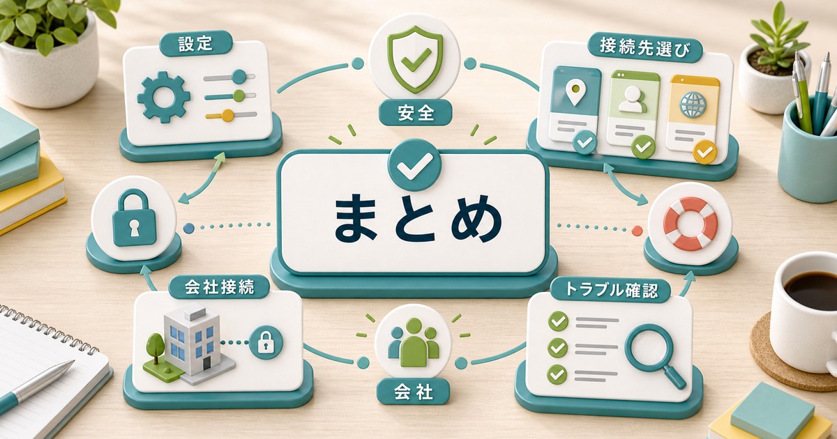 VPNの設定と安全確認の要点をまとめた図解