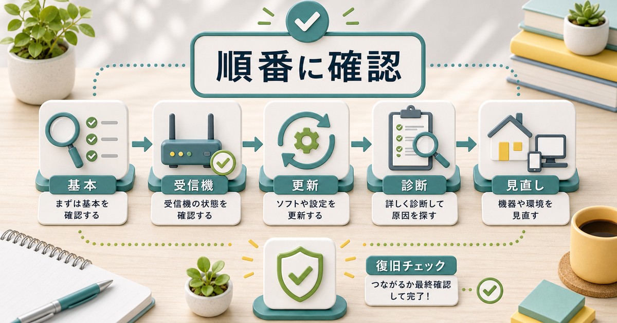 無線接続の対処法を順番に確認する図解