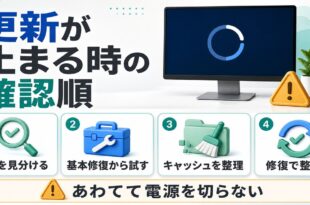Windows Updateが止まるときの確認順を示したアイキャッチ画像
