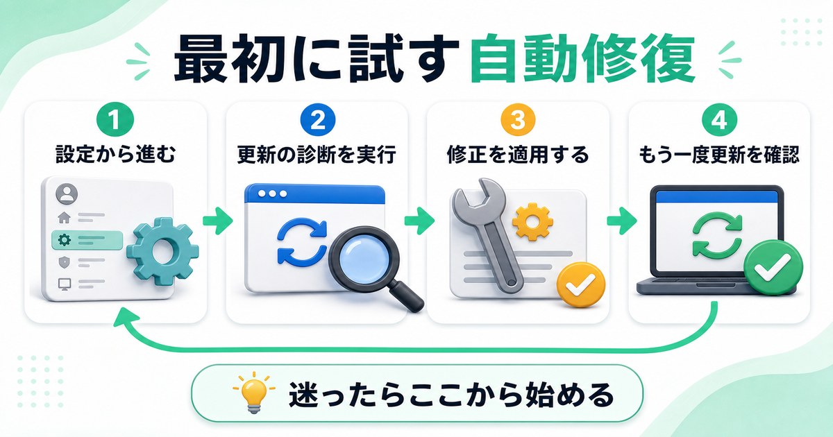 Windows Updateの自動修復を試す流れをまとめた情報画像
