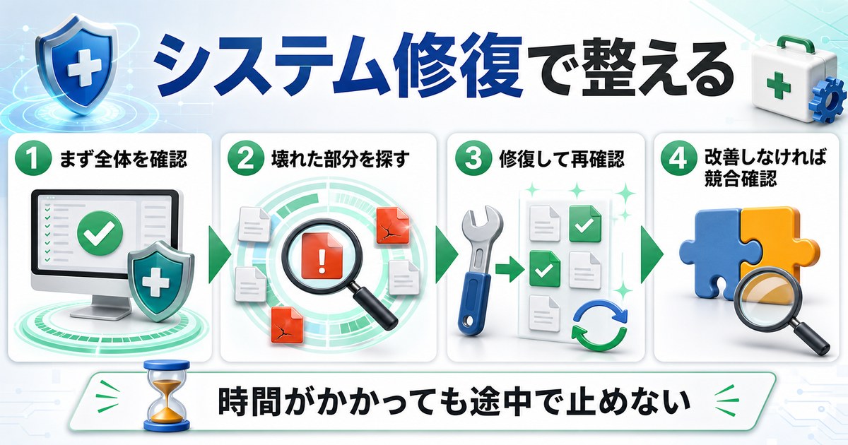 システム修復と競合確認の流れをまとめた情報画像