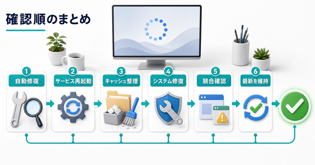 Windows Updateが終わらないときの確認順をまとめた情報画像