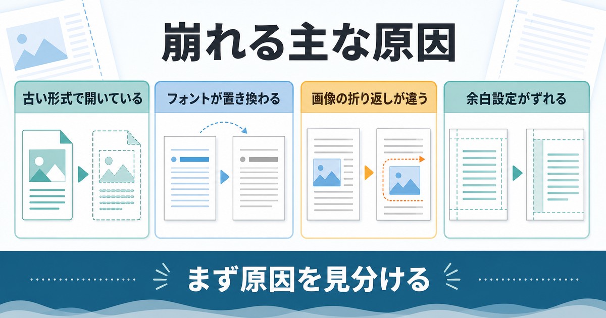 書式が崩れる時に古い形式フォント置換画像折り返し余白設定を切り分ける図解