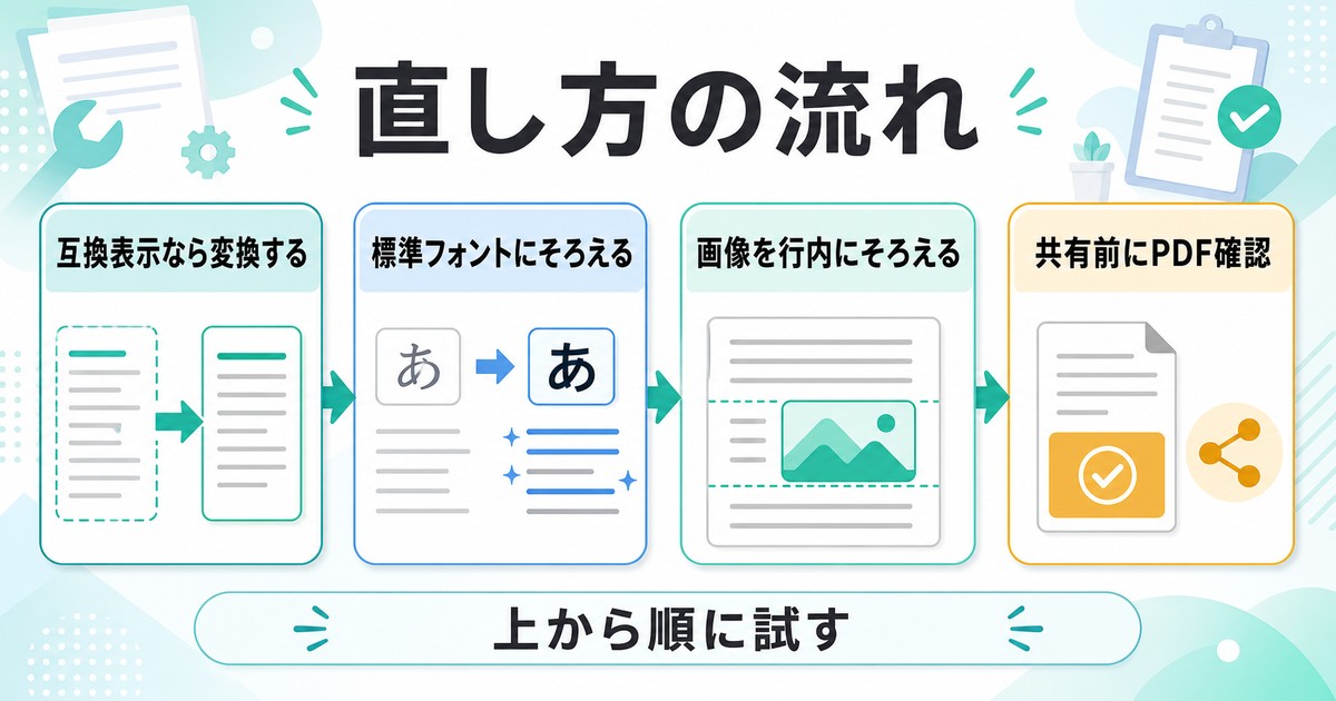 書式崩れを互換表示フォント画像配置共有前確認の順で直す流れを示す図解