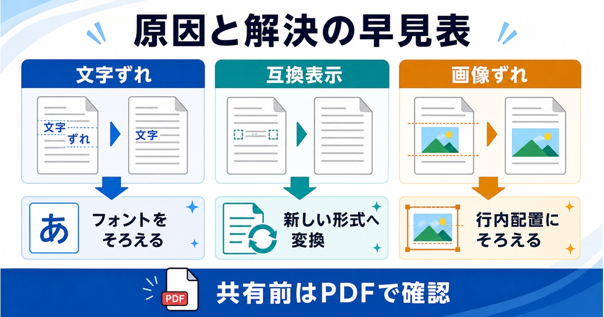 文字ずれ互換表示画像ずれを原因別に見分けて解決策へつなぐ早見表の図解