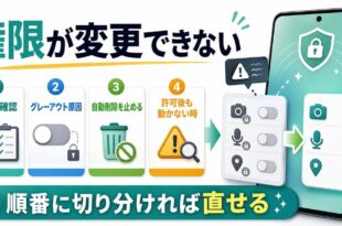 Androidでアプリ権限が変更できない時の原因と対処順をまとめたアイキャッチ画像