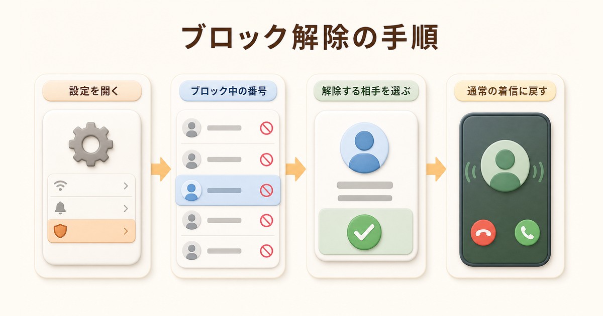ブロック中の電話番号一覧から番号を解除する手順を整理した図