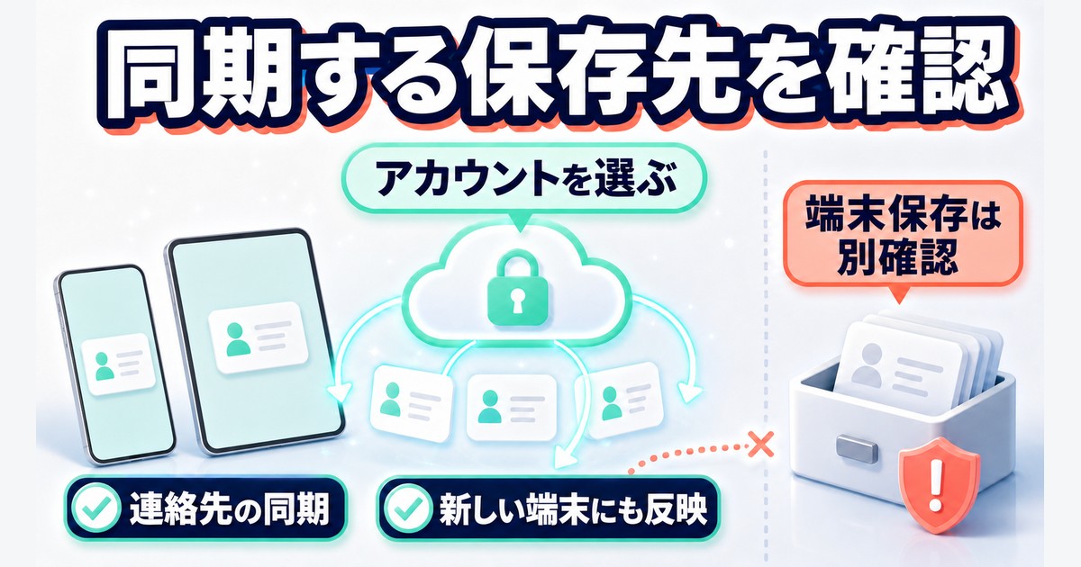 アカウント同期する連絡先と端末保存の連絡先の違いを示す図