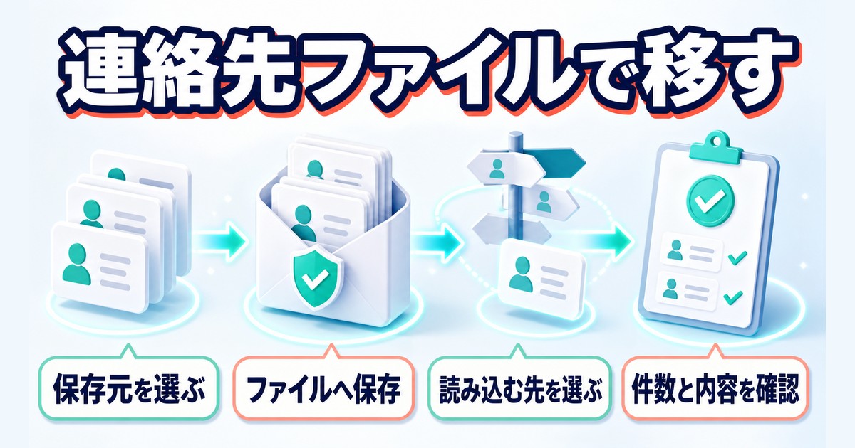 連絡先をファイルへ保存して別の保存先へ読み込む手順の図