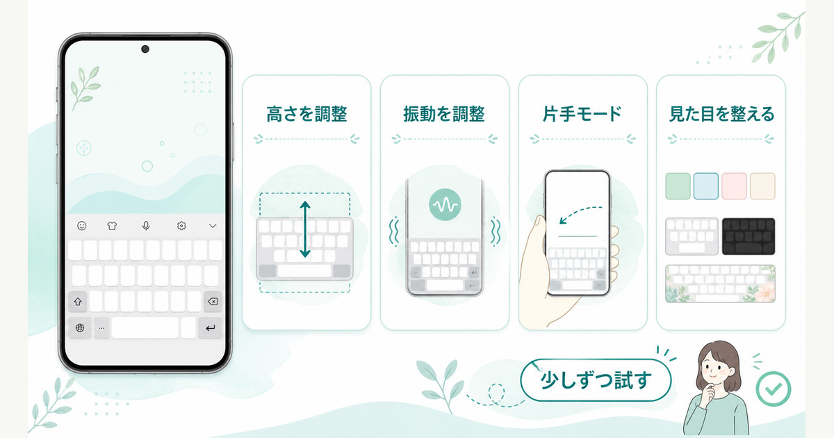 キーの高さ、振動、片手モード、テーマを調整する観点を整理した図