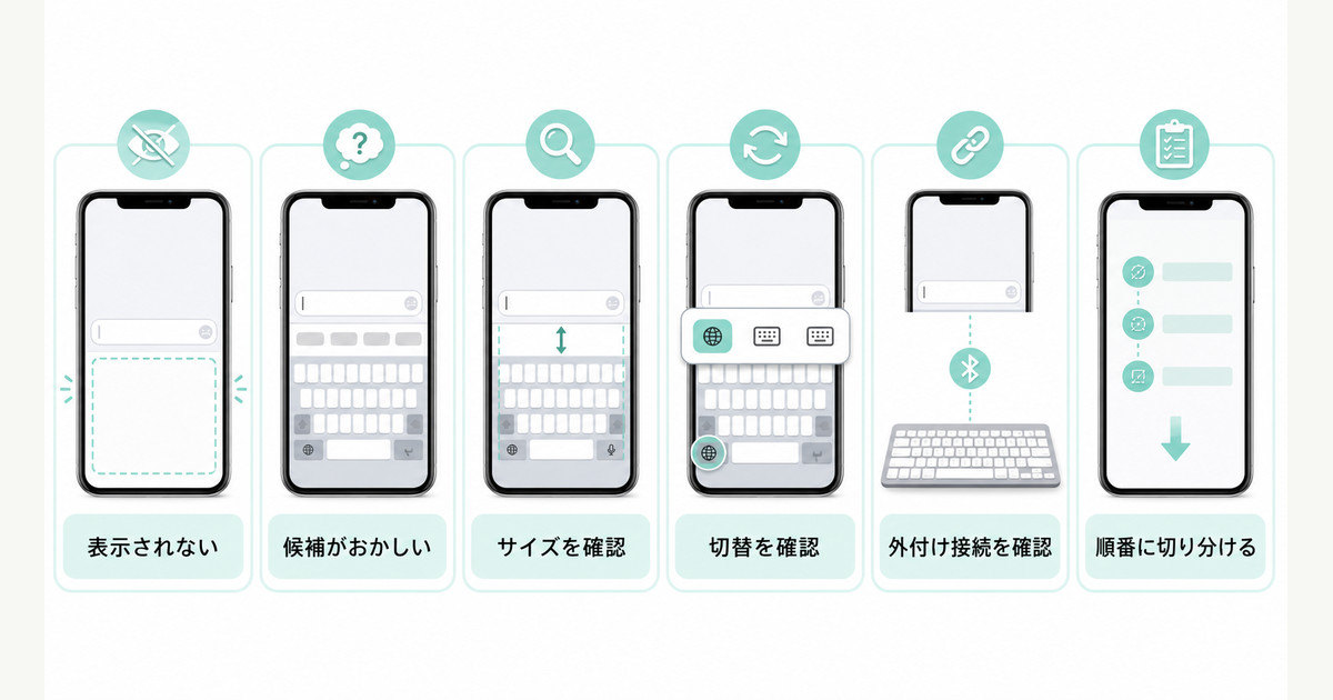 キーボードが出ない、候補がおかしい、切り替えできない時の確認順を整理した図