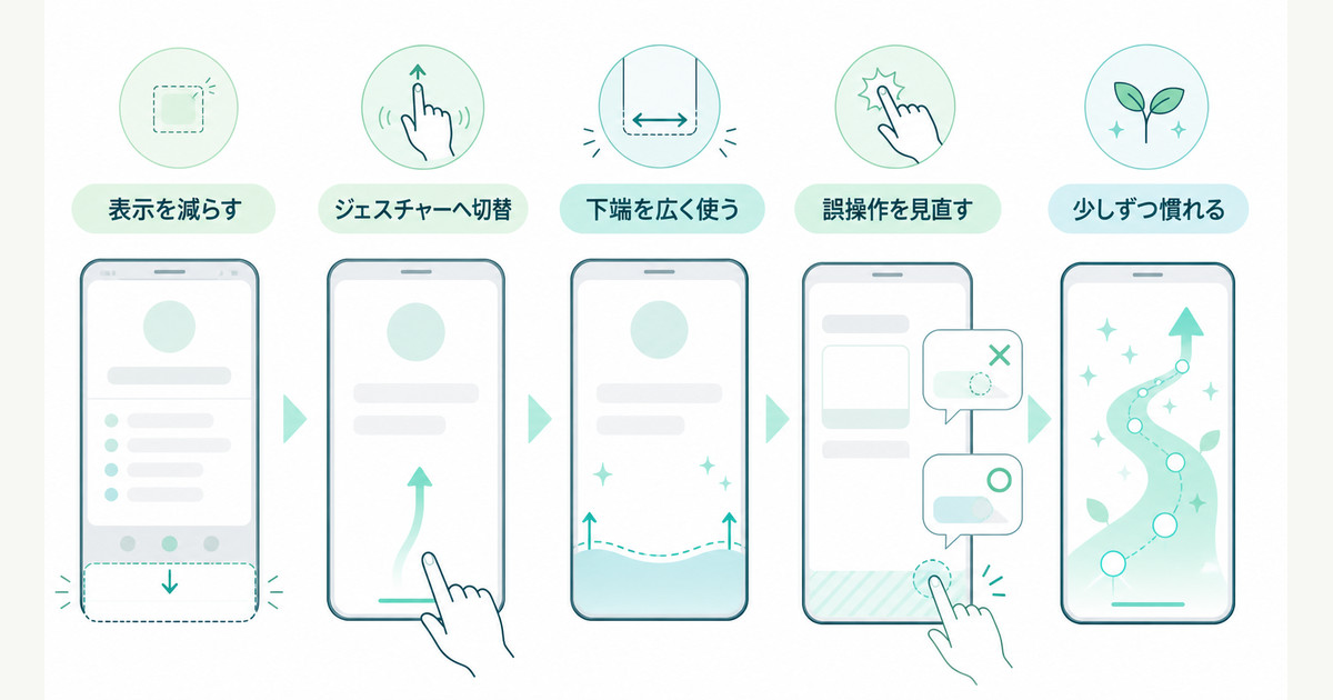 ボタン表示からジェスチャーへ切り替えて表示領域を広く使う考え方を整理した図