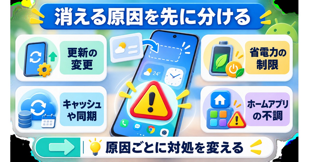 ウィジェットが消える原因を更新の変更、省電力、キャッシュや同期、ホームアプリ不調で分ける図