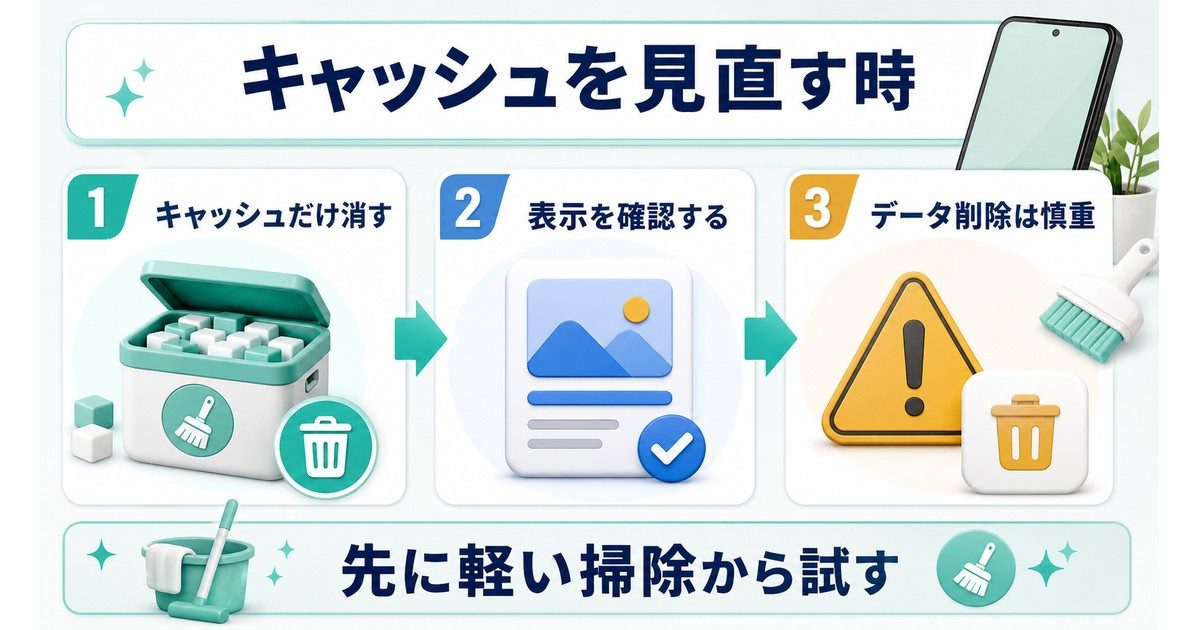 キャッシュだけ消す、表示確認、データ削除は慎重に進める流れの図