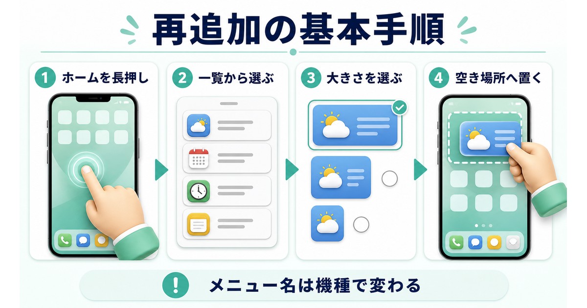 ホーム長押しから一覧選択、サイズ選択、空き場所へ置く再追加手順の図