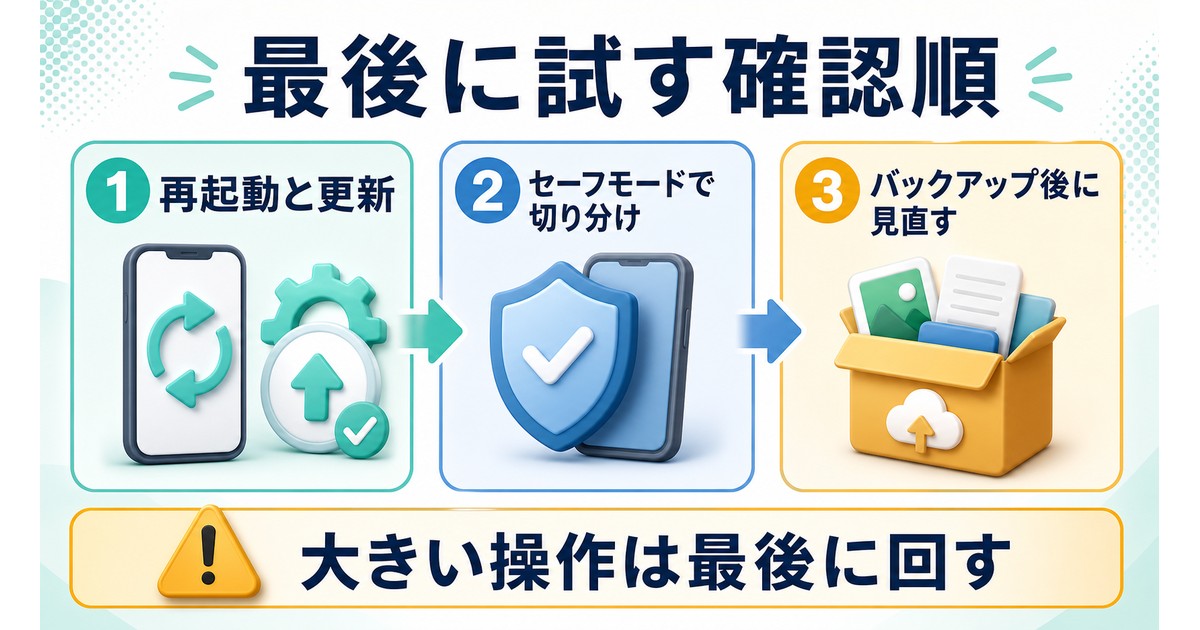 再起動と更新、セーフモードでの切り分け、バックアップ後の見直しを整理した図