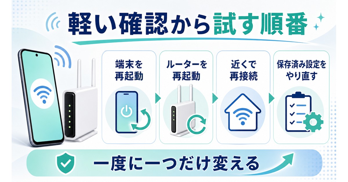 AndroidのWi-Fi切断を軽い確認から順に試す手順図