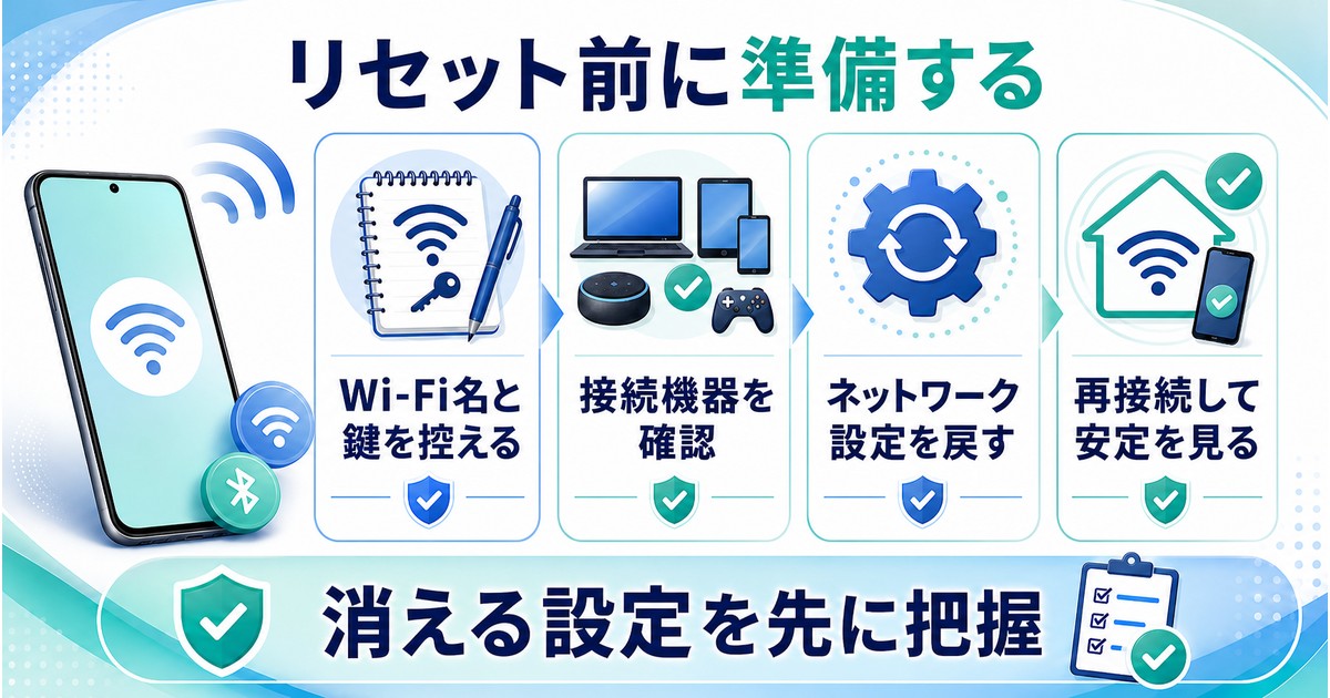 Androidでネットワーク設定をリセットする前後の確認事項を示す図