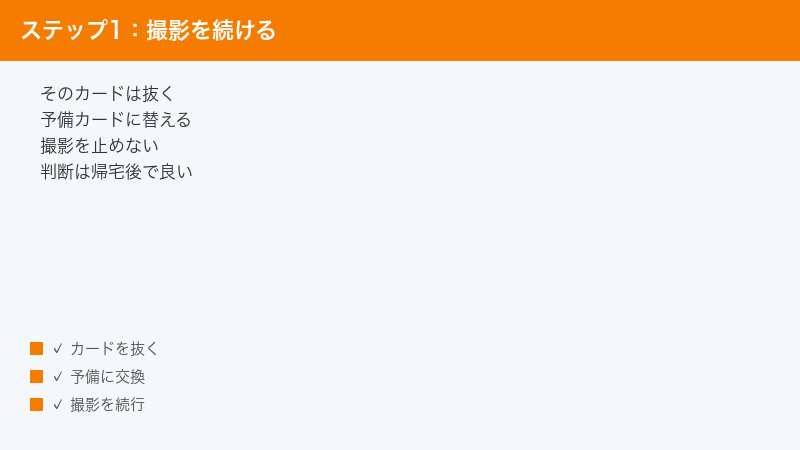 撮影現場ではカードを抜いて予備に交換するのが先だと示した図