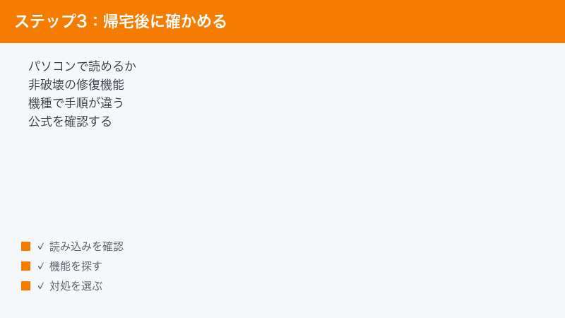 帰宅後にパソコンで確認する手順を示した図