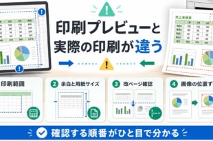 Excelの印刷プレビューと実際の印刷結果が違う時に確認する順番を整理したアイキャッチ画像