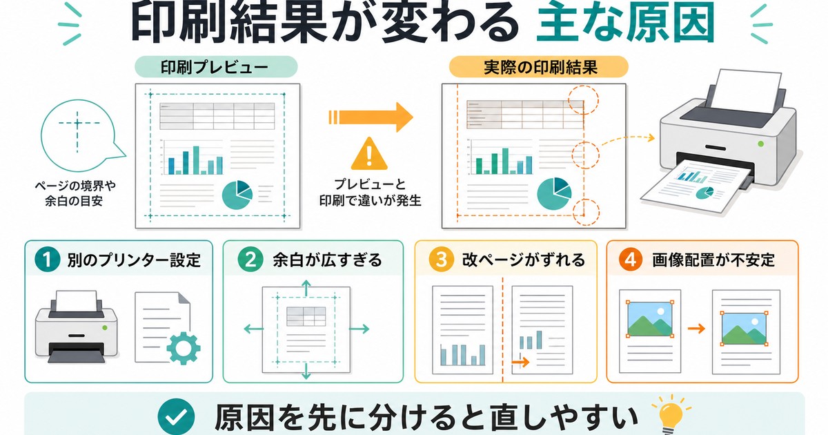 別のプリンター設定、余白、改ページ、画像配置など印刷結果が変わる主な原因を整理した図