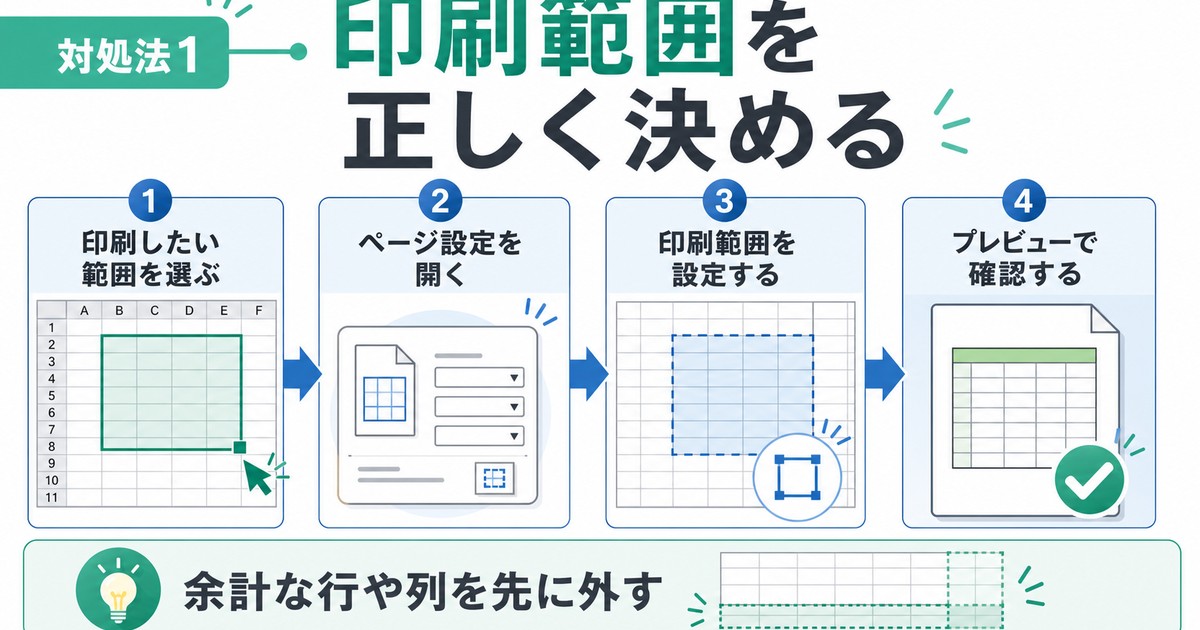 印刷したい範囲を選び、印刷範囲を設定してプレビューで確認する流れを整理した図