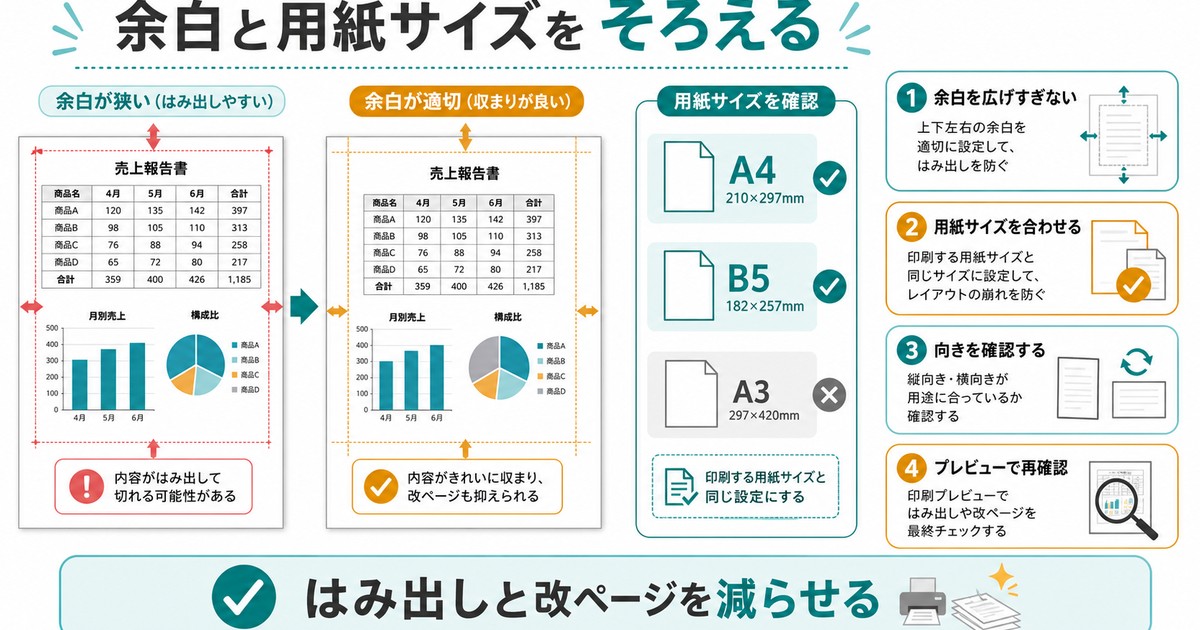 余白、用紙サイズ、向きをそろえてはみ出しや改ページを減らす考え方を整理した図