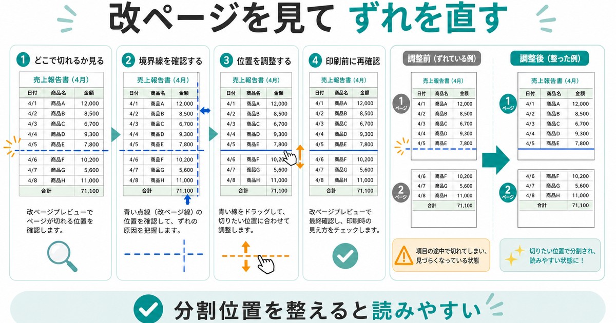 改ページの位置を確認して、切れ方を見ながら調整する流れを整理した図