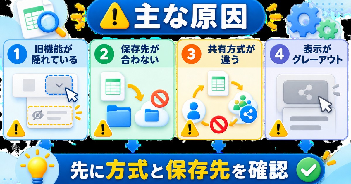 Excelで共有ブックが使えない時に旧機能非表示や保存場所を切り分ける図解