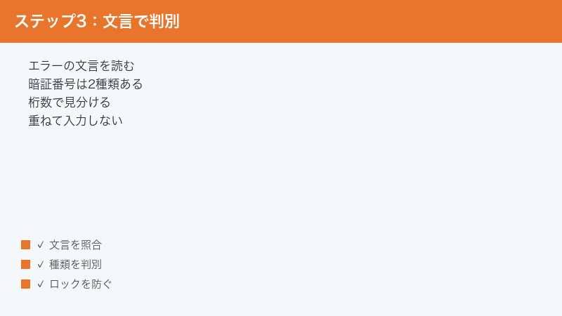 エラー文言と暗証番号2種の見分け方を示した図