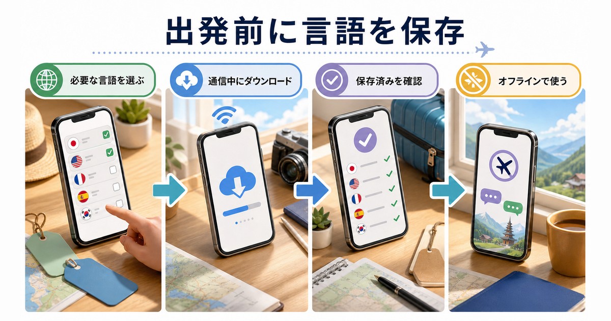 Google翻訳アプリでオフライン用言語を事前保存する手順