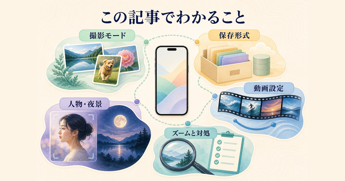 撮影モード、保存形式、動画設定、人物と夜景、ズーム、トラブル対処の学習マップ