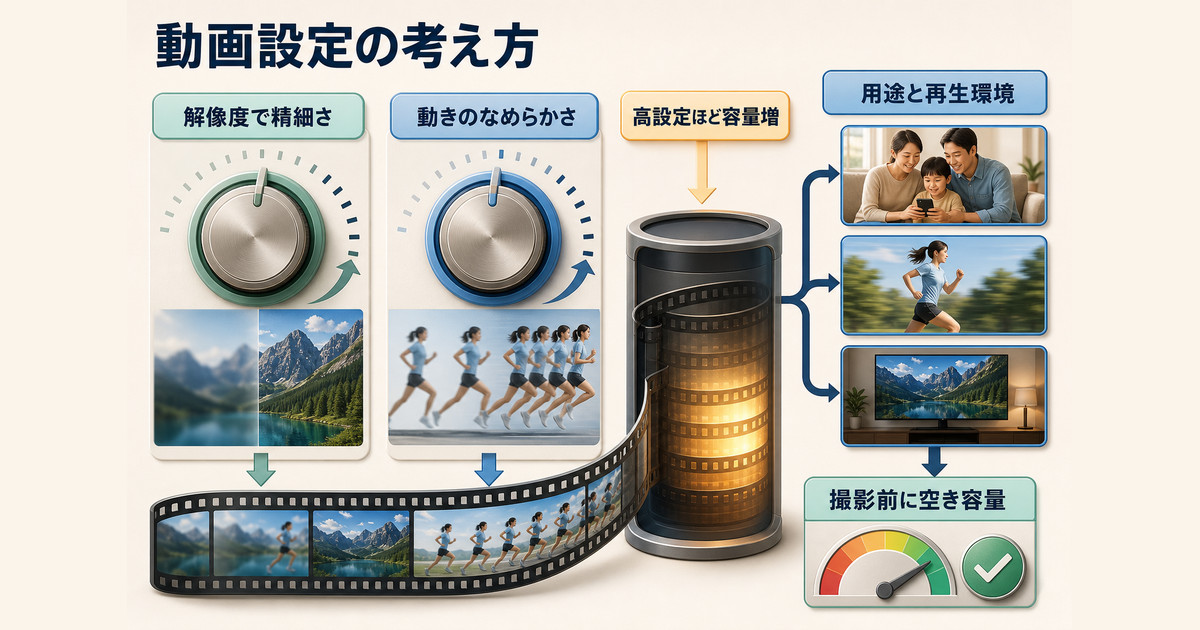 動画の解像度、動きの滑らかさ、容量、用途、再生環境を見比べる図