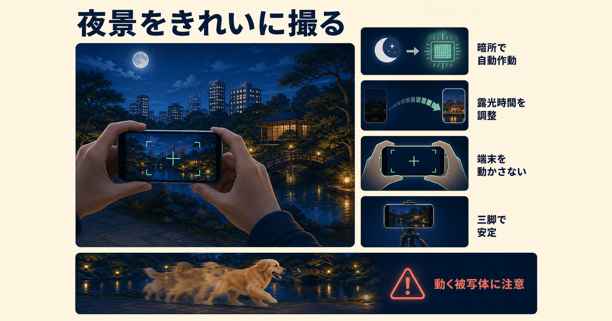 暗所で夜景モードを使い、露光時間と端末の安定、三脚、動く被写体に注意する図