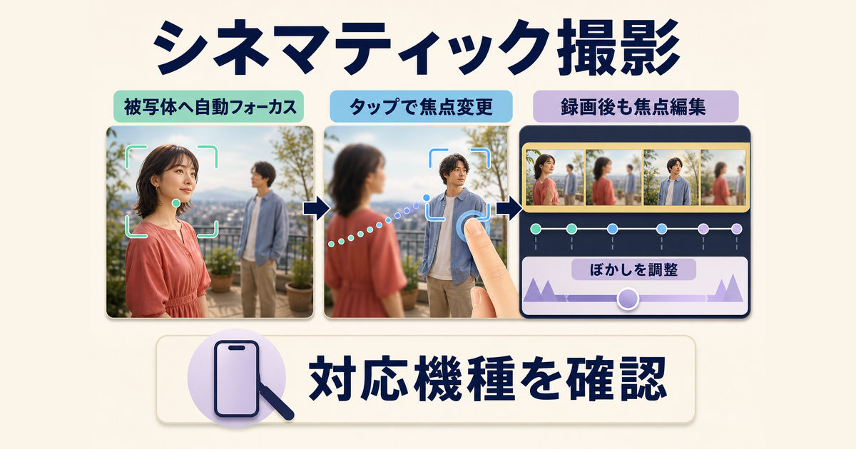 シネマティック撮影で被写体の焦点を選び、録画中と録画後に調整する流れ