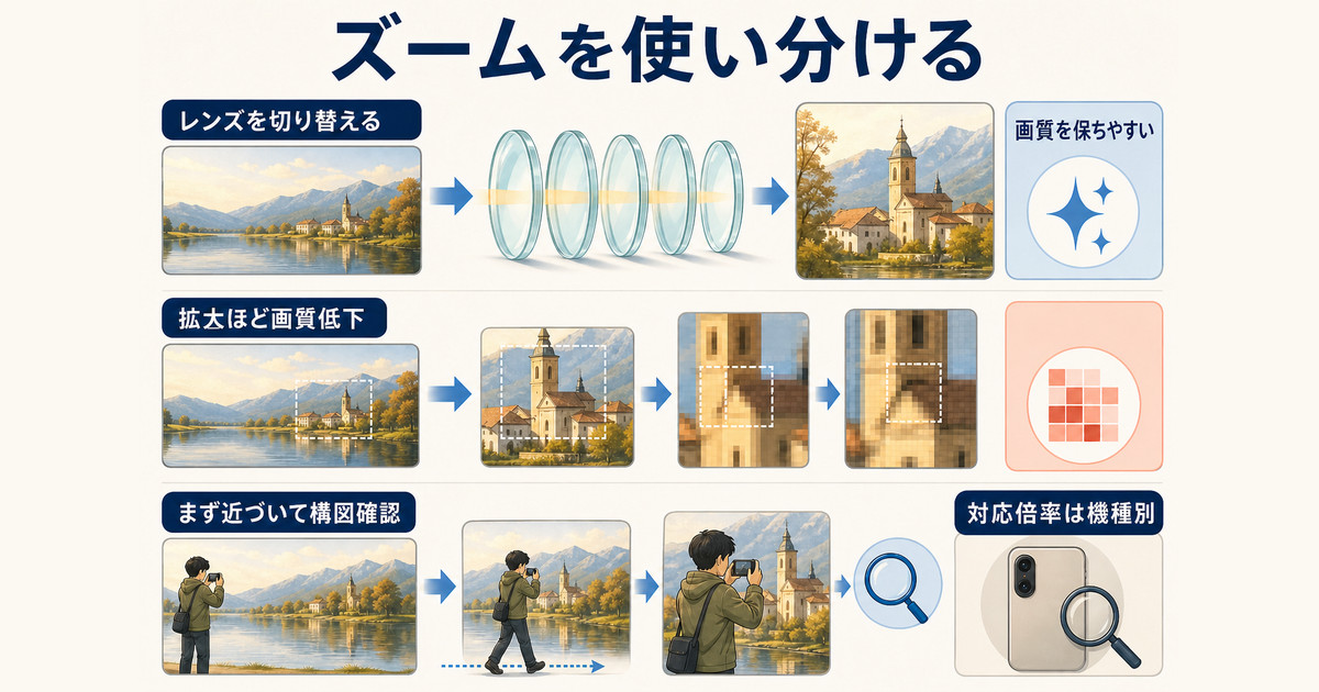 レンズ切り替えと画像拡大の違い、画質への影響、機種別の対応倍率を示す図