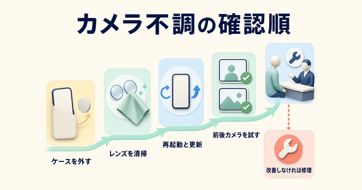 ケースやアクセサリ、レンズ、再起動、更新、前後カメラ、修理の順に確認する図