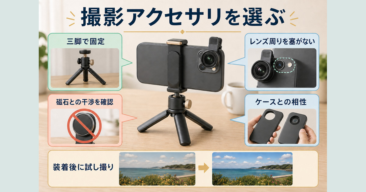三脚やクリップレンズなど撮影アクセサリを固定、干渉、ケース相性、試し撮りで選ぶ図