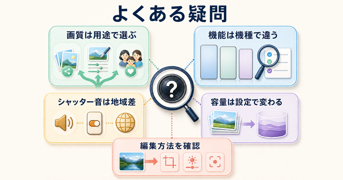 画質、対応機種、シャッター音の地域差、容量、編集方法というカメラの疑問を整理する図