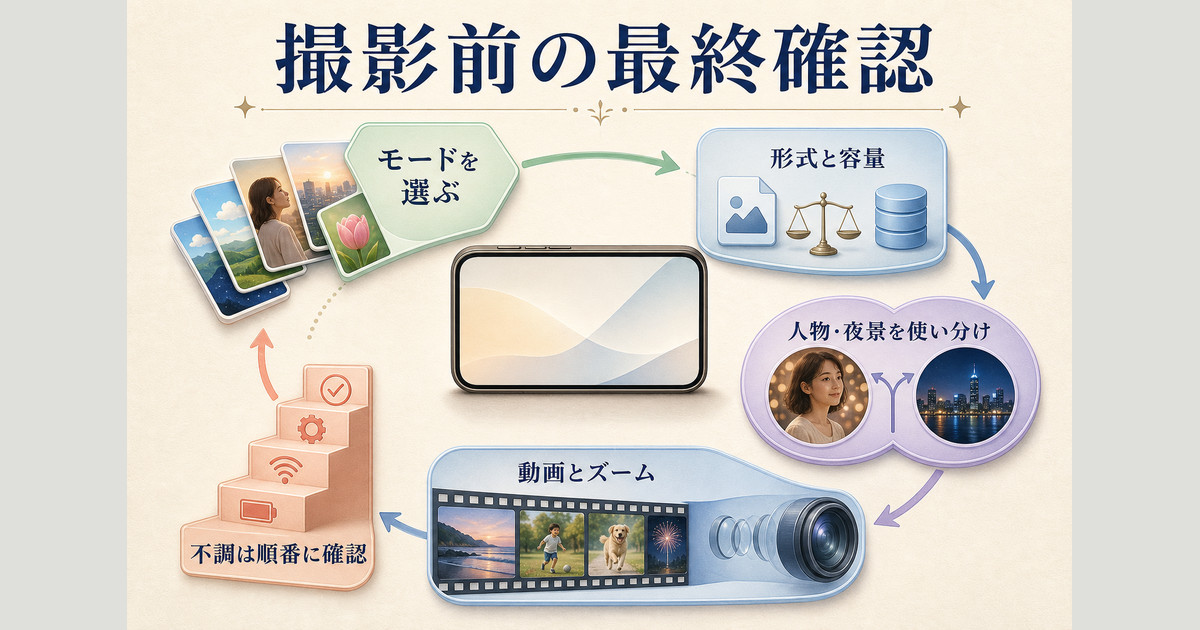 モード、形式と容量、人物と夜景、動画とズーム、不調時の確認をまとめた図