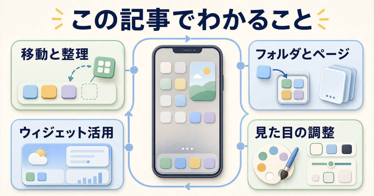 iPhoneホーム画面の移動、フォルダ、ページ、ウィジェット、外観を整理する学習マップ
