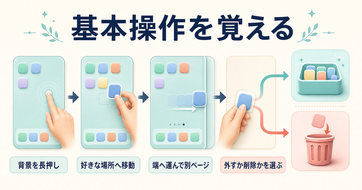 背景を長押ししてアイコンを移動し、別ページへ運び、ホーム画面から外すか削除かを選ぶ図